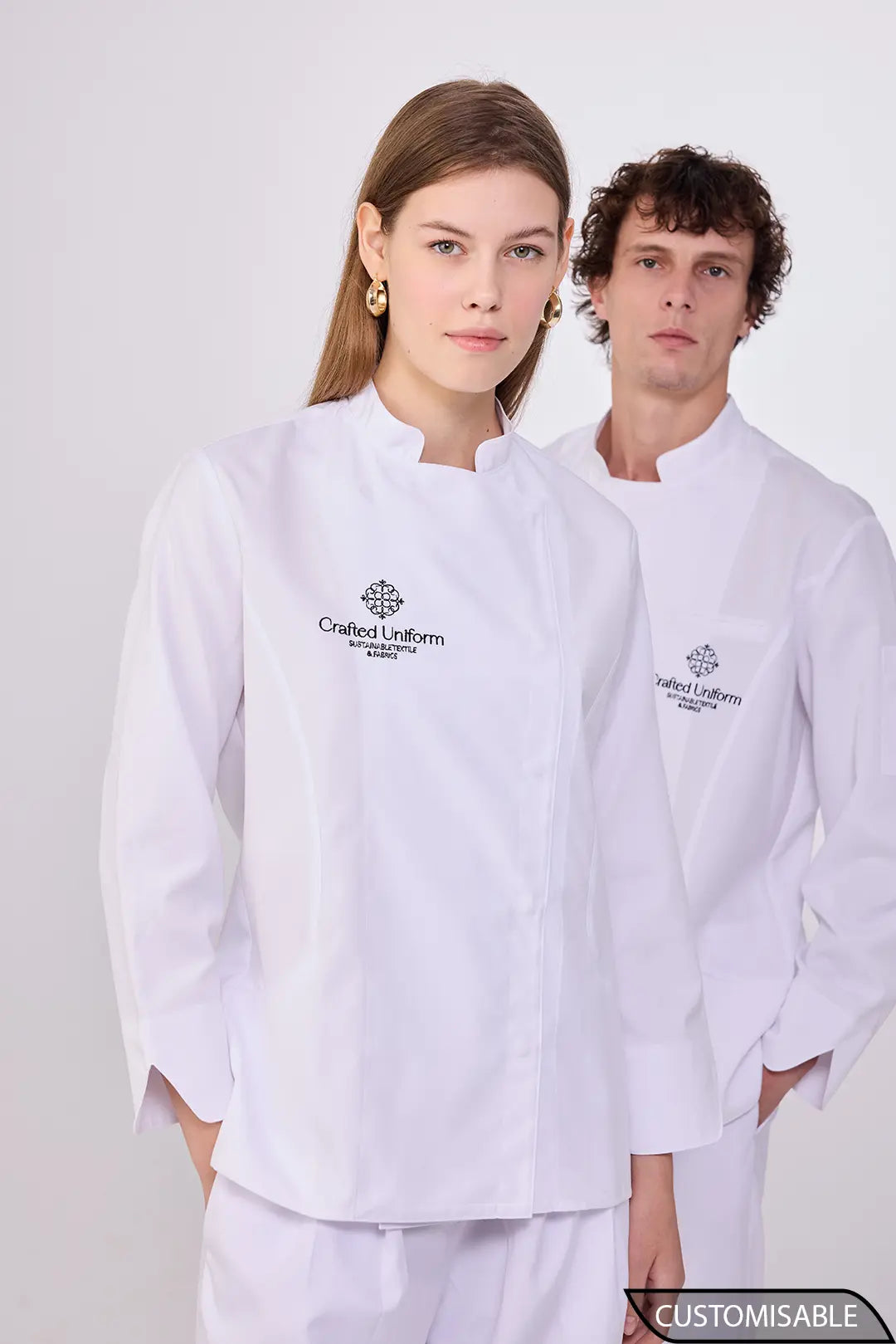 Custom chef jacket with a stand-up collar and tailored fit