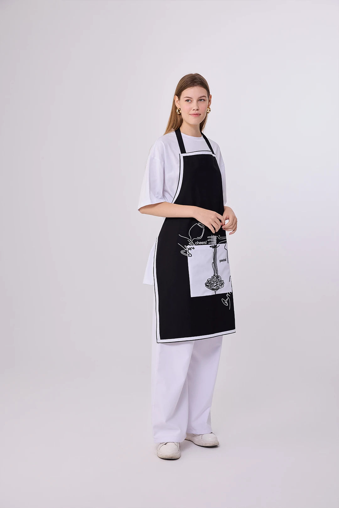 Custom Artistic Apron – Black and White Design With Culinary Illustration