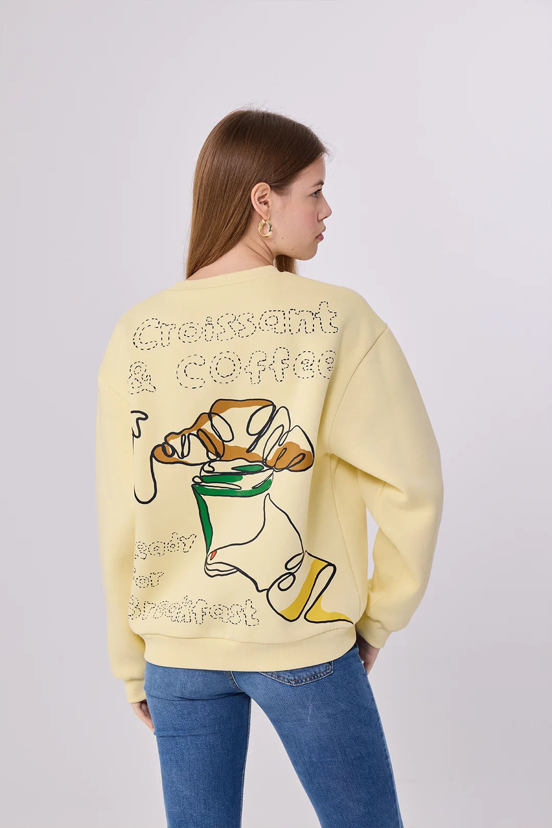 Custom Coffee Graphic Sweatshirt – Croissant Print In Oversized Fit