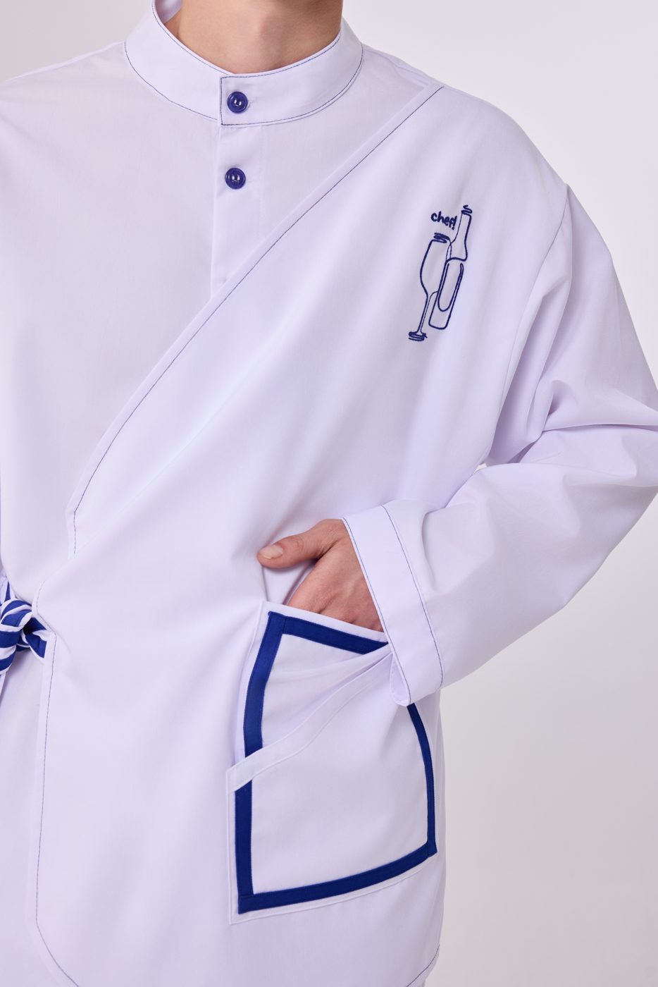Chef jacket detail with blue piping