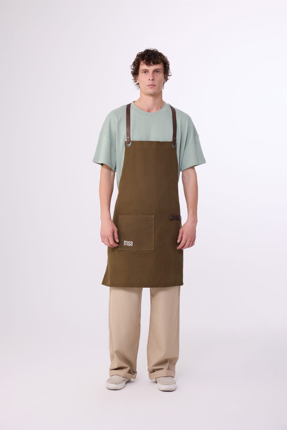 Olive canvas cafe apron with leather straps
